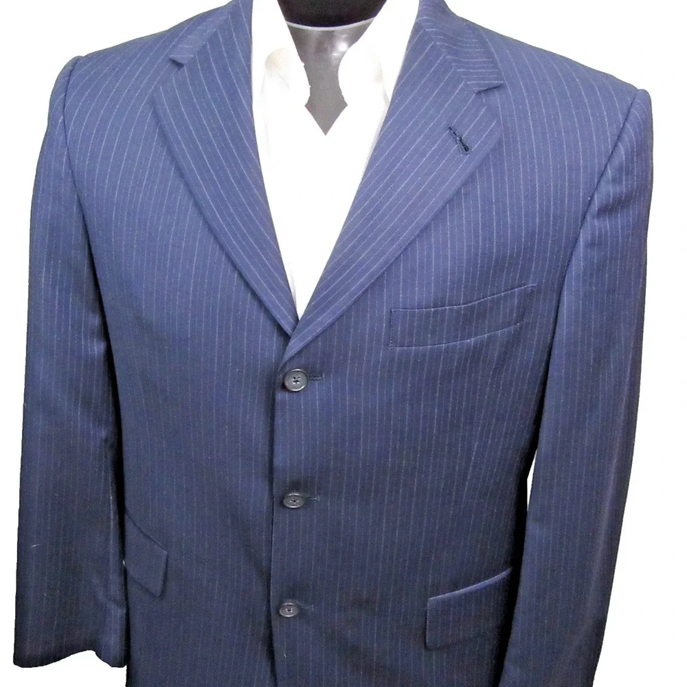 Hart Schaffner Marx Two Piece Suit 40S 32x28 Navy Blue Pinstripe 3 Button Wool